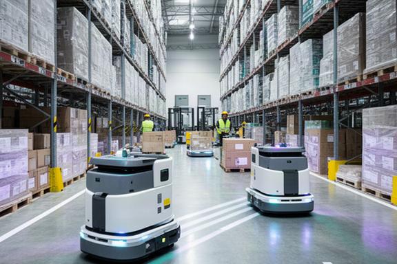 Flotta di robot mobili autonomi AGV in movimento in un magazzino logistico moderno con scaffalature industriali
