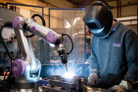 Robot collaborativo per saldatura in un'officina meccanica di Palermo con operatore che supervisiona il processo